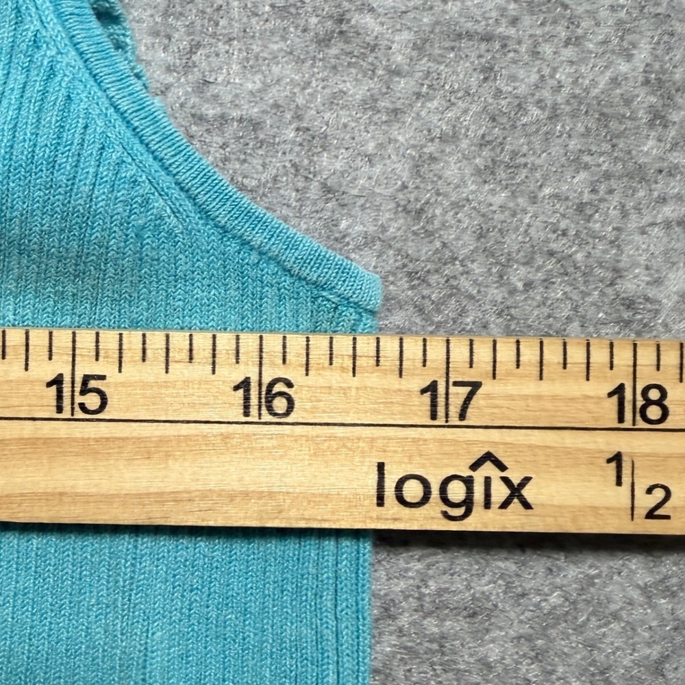 Lauren Ralph Lauren Silk Blend Ruffle Neck Ribbed Knit Top Turquoise Blue Large - Picture 4 of 8
